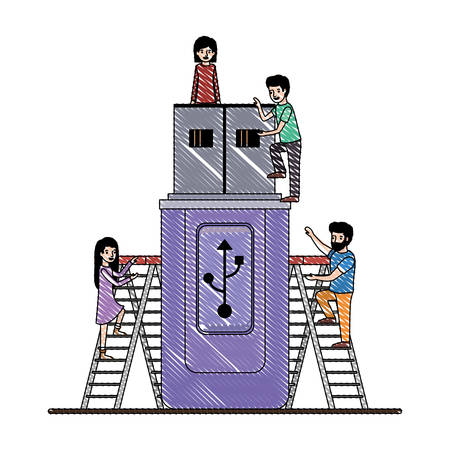 minipeople team working in usb memory vector illustration designのイラスト素材