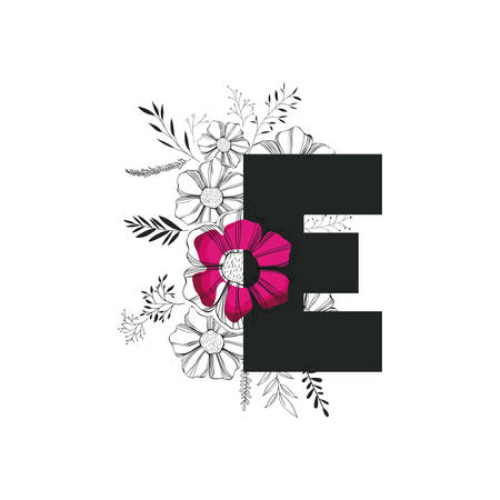 letter e with handmade font and floral decoration vector illustration designのイラスト素材