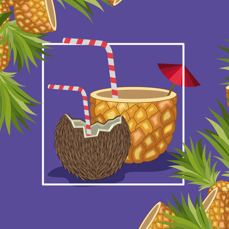 fresh pineapple and coconut tropical fruits vector illustration designのイラスト素材