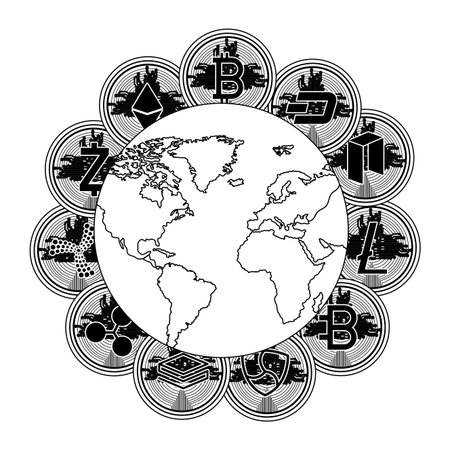 cryptocurrency set coins around the planet vector illustration designのイラスト素材