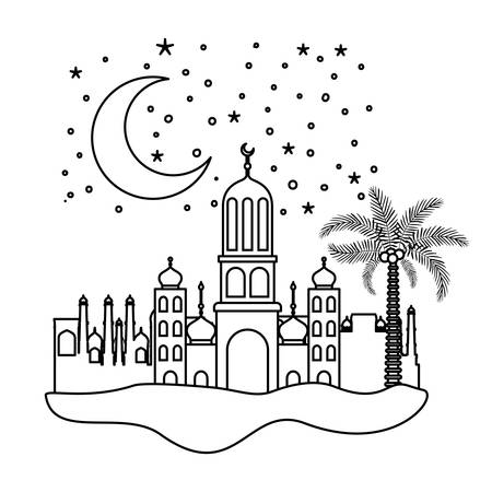 arabic castle with moon in the night scene vector illustration designのイラスト素材