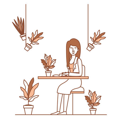 woman in the table drinking coffee with house plants vector illustration designのイラスト素材