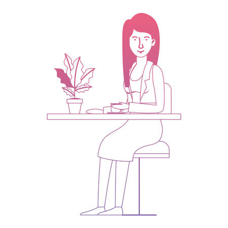 woman in the table drinking coffee with house plant vector illustration designのイラスト素材