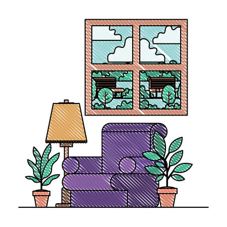 living room with houseplants and window vector illustration designのイラスト素材