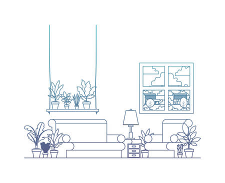 living room with houseplants and window vector illustration designのイラスト素材