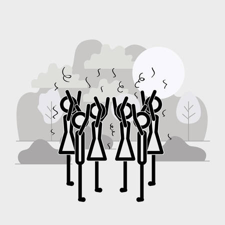 group of women in the field linear figures vector illustration designのイラスト素材