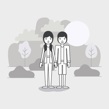 young couple in the field avatars characters vector illustration designのイラスト素材