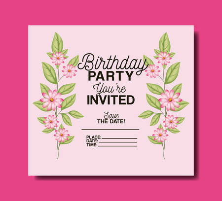 birthday party invitation with floral decoration vector illustration designのイラスト素材