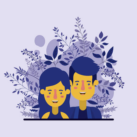 young couple with leafs decoration characters vector illustration designのイラスト素材