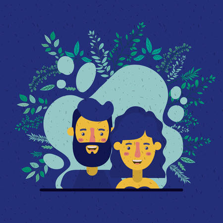 young couple with leafs decoration characters vector illustration designのイラスト素材