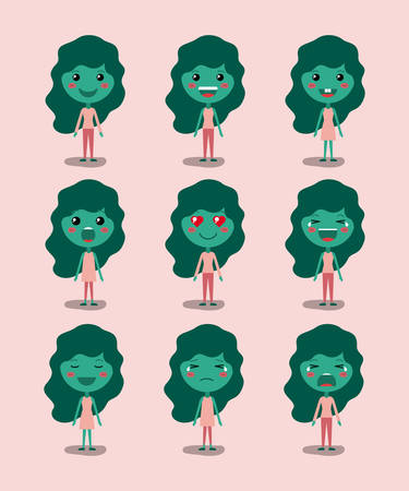 little green girls emoticon set kawaii characters vector illustration designのイラスト素材