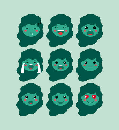 little green girls emoticon set kawaii characters vector illustration designのイラスト素材