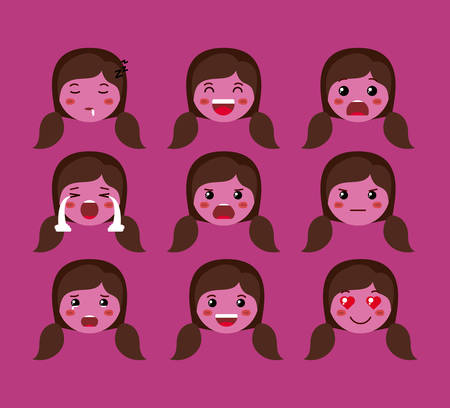 little purple girls emoticon set kawaii characters vector illustration designのイラスト素材
