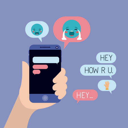 hand with smartphone and set speech bubbles and emoticonsのイラスト素材