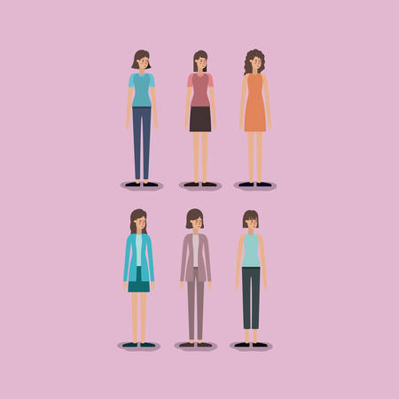 group of women with diferents styles charactersのイラスト素材