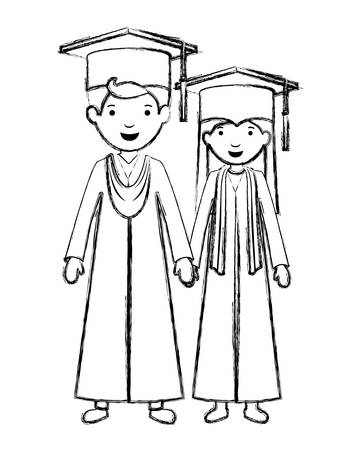 couple graduates with hats vector illustration designのイラスト素材