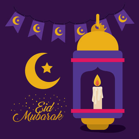 eid mubarak card with moon and lanterns vector illustration designのイラスト素材