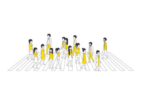 group of people with yellow clothes walking by the pedestrian crossingのイラスト素材