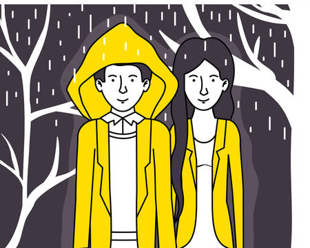 couple lovers with yellow clothes walking under the rain illustration designのイラスト素材