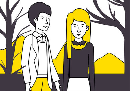 couple lovers with yellow clothes walking in the parkのイラスト素材