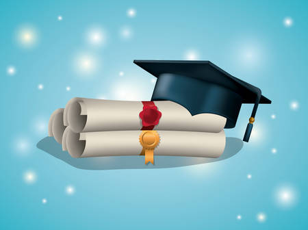 graduation card with diploma and hat vector illustration designのイラスト素材