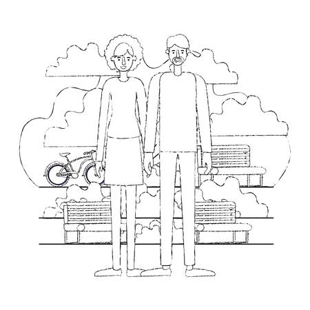 couple characters in the park with bicycle vector illustration designのイラスト素材