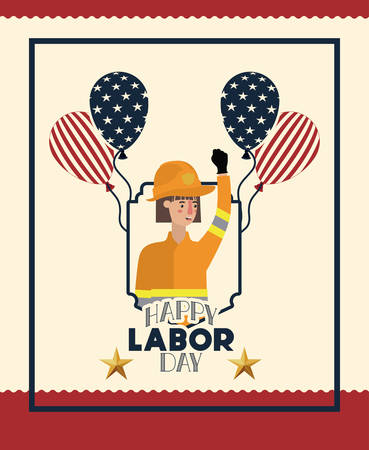 happy labor day card with firewoman and balloons vector illustrationのイラスト素材