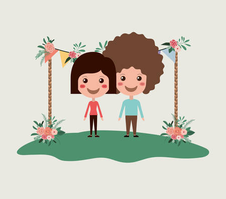 wedding invitation card with couple in wooden frame and flowersのイラスト素材