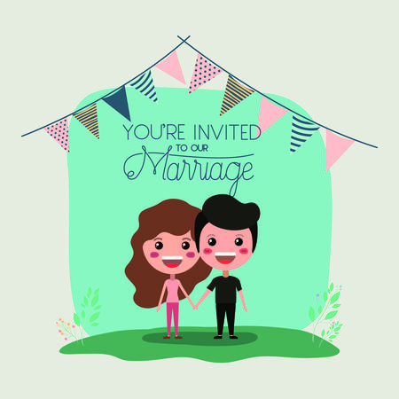 wedding invitation card with couple characters and garlands partyのイラスト素材