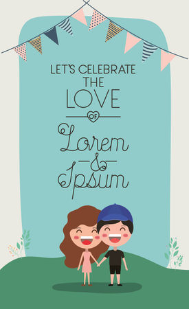 wedding invitation card with couple characters and garlands partyのイラスト素材