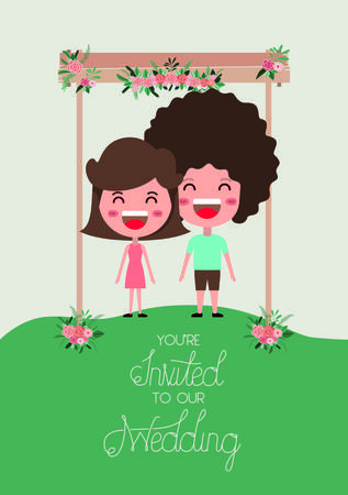 wedding invitation card with couple in wooden frame and flowersのイラスト素材
