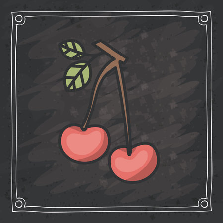 Cherry icon. Fruit healthy and organic food theme. Frame blackboard and grunge background. Vector illustrationのイラスト素材