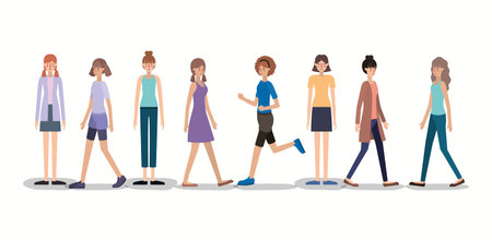 group of women walking and running characters vector illustration design