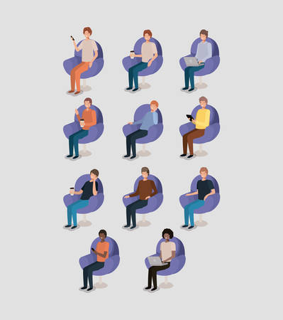 group of men using technology and drinking coffee vector illustrationのイラスト素材
