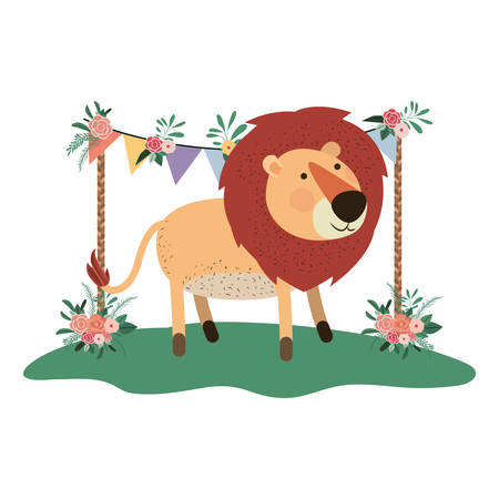 cute and adorable lion with floral frame vector illustration designのイラスト素材