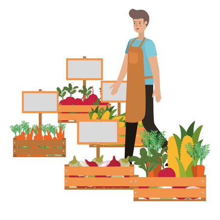 man with wooden basket with tag avatar character vector illustration designのイラスト素材