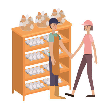 couple in shelf wooden with eggs avatar character vector illustration desingのイラスト素材