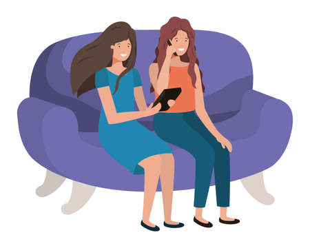 young women sitting on sofa avatar character vector illustration designのイラスト素材