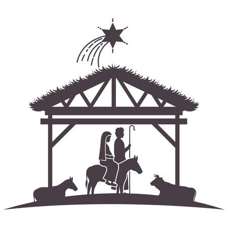 virgin mary and joseph in stable with animals silhouettes vector designのイラスト素材