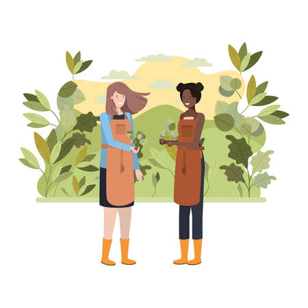 Women gardeners with landscape avatar character. Vector illustration designのイラスト素材
