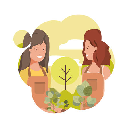 women gardeners with landscape avatar character vector illustration designのイラスト素材