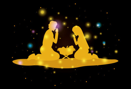 Merry Christmas card with holy family silhouetteのイラスト素材