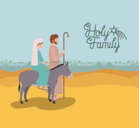 Christmas card with holy family traveling in desertのイラスト素材
