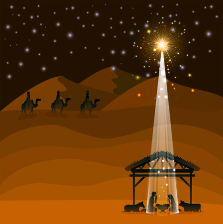 Christmas desert scene with holy family in stableのイラスト素材