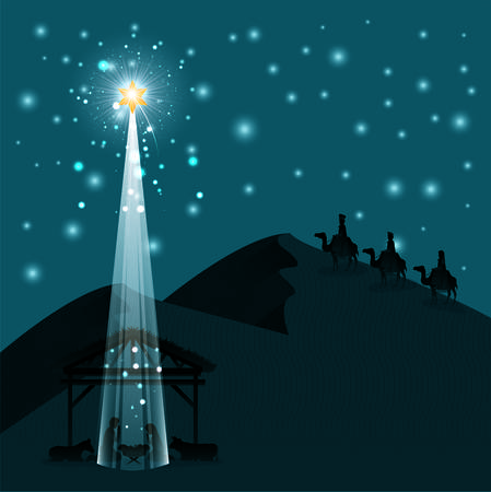 Christmas desert scene with holy family in stableのイラスト素材