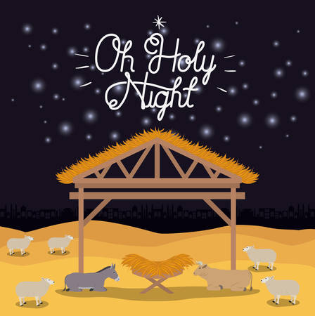 Christmas card with manger stable and animalsのイラスト素材