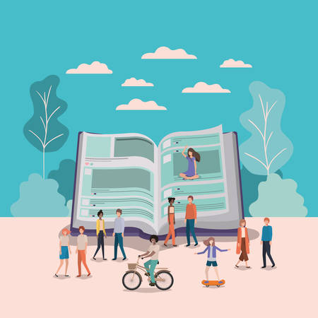 Mini people working in text bookのイラスト素材