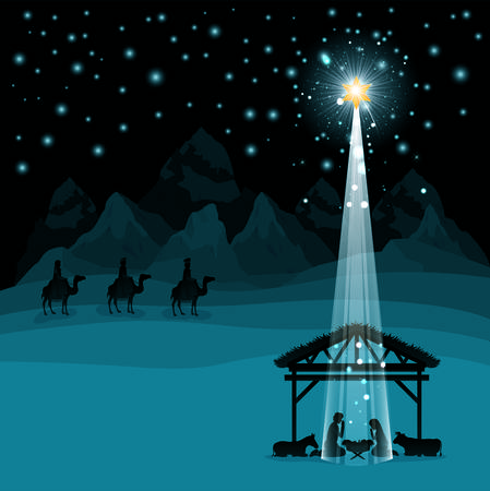 Christmas desert scene with holy family in stableのイラスト素材