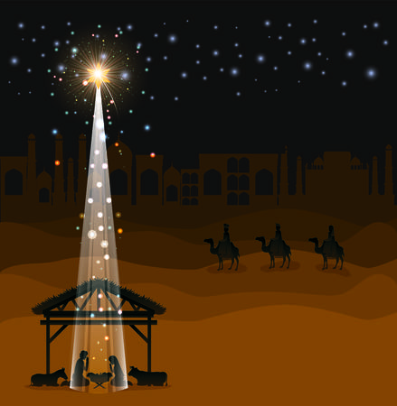 Christmas desert scene with holy family in stableのイラスト素材