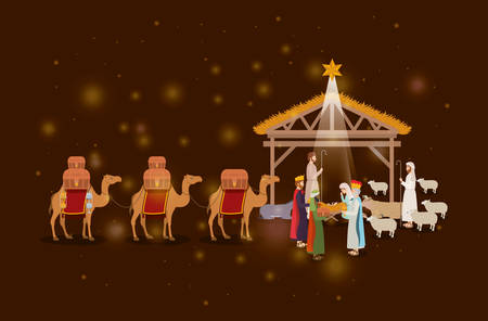 Holy family in the stable with wise kingsのイラスト素材